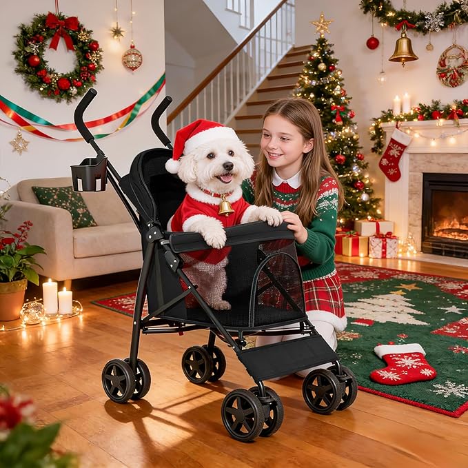 MoNiBloom Pet Stroller for Small/Medium Dogs and Cats up to 22 lbs, Black | Foladble 4 Wheels Easy-Fold Puppy Cage Jogger Stroller with Sun Cover, Pad and Rear Storage Bag, Breathable and Visible Mesh