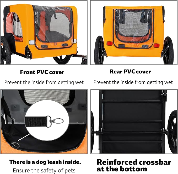 KEIKI Dog Bike Trailer with Built-in Leash, Pet Stroller Cart Bicycle Carrier, Easy Folding Cart Frame with Front Caster & 16" All-Terrain Wheels & Universal Hitch, Supports up to 66 lbs