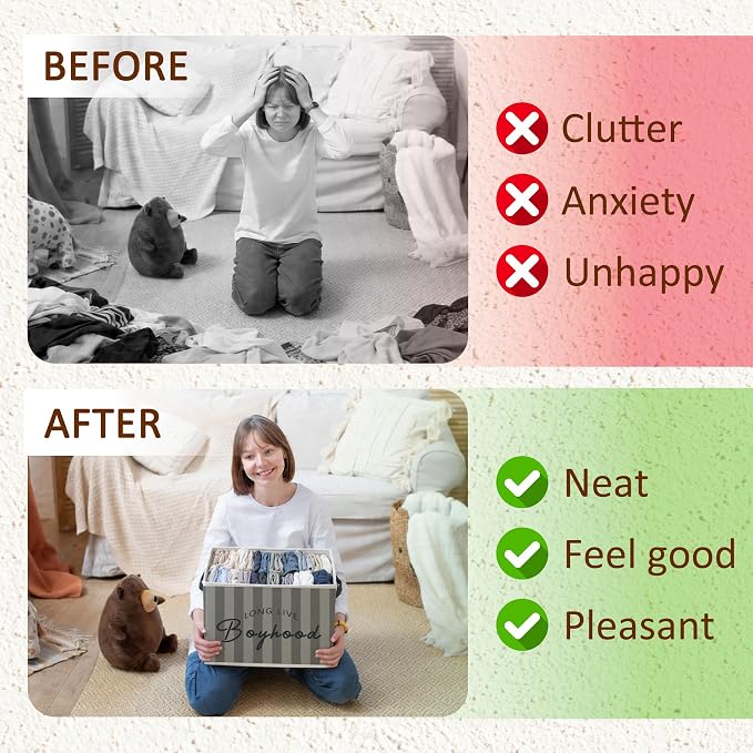 Boy Nursery Long Live Boyhood Foldable Storage Bins Box with Handles, Grey Striped Decorative Storage Boxes Baskets Toybox Organizer for Kids Boy Nursery Toddler Room Bedroom Playroom