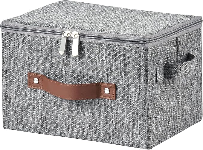 Storage Bins with Zipper Lids Decorative Lidded Baskets Boxes | Clothes Container, Closet Shelf Organizer, Foldable Washable, Cotton Linen Fabric, w/ PU Leather Handles, Gray, Small