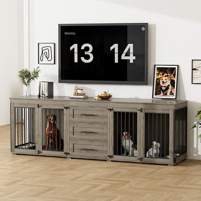 Rophefx 94.5" Dog Crate Furniture for 2 Dogs, Wooden Kennel TV Stand,Grey | Indoor double dog house with 3 storage drawers, 4 feeding bowls, lockable doors, and a wide top for large and medium dogs