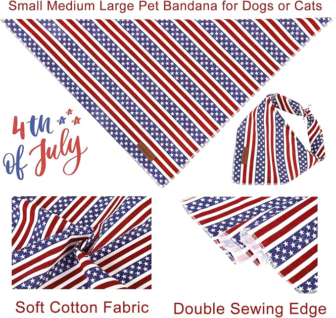 4th of July Dog Bandana, Patriotic Bandana for Medium Large Dog, Cute Patriotic Puppy Bandana, Cotton American Flag Pet Triangle Bid Scarf Kerchief for Girl Boy Dogs