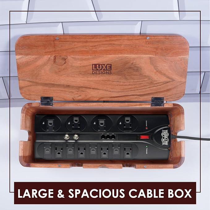 Acacia Cable Management Box - Rustic Design (Front Slots, Large)