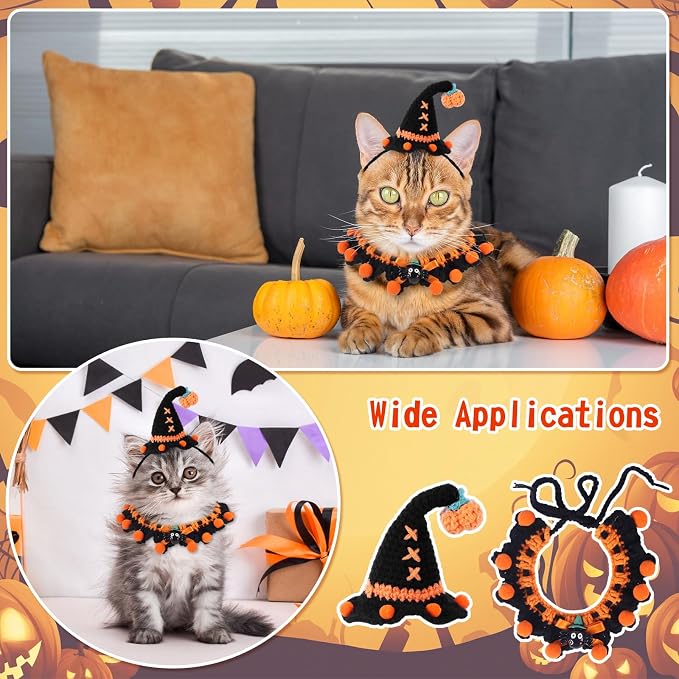 Kunyeah Halloween Pet Costume Set for Cats Small Dog Adjustable Knitted Hat Scarf Pumpkin & Witch Print Puppy Bib Cute Crochet Cat Collar Cap Pet Apparel Outfit (Orange-Ball)