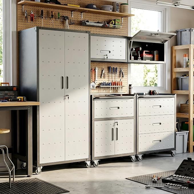 Garage Cabinet System | Heavy Duty Steel All-in-One Modular Garage Cabinet Set for Ultimate Workshop Organization | Easy Assembly Garage Storage Cabinets & Tool Bench