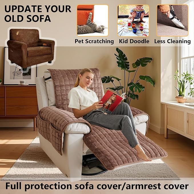 Polyester Flannel Recliner Cover, Non-Slip with 2 Side Pockets | Soft short-pile polyester with silicone backing guards armrests from pet scratches; thick one-piece cover, machine washable.