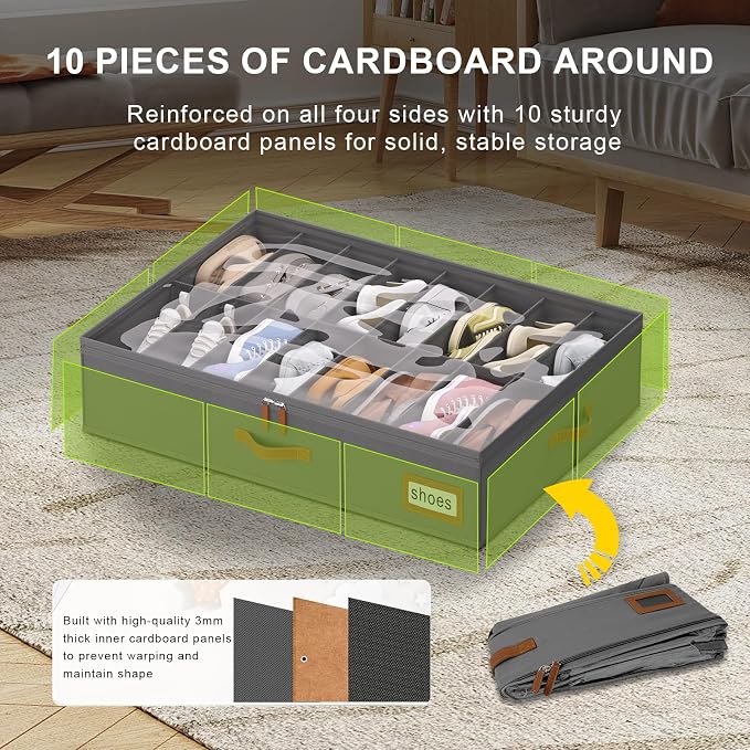 Shoe Organizer Under Bed, Fits 32 Pairs, Under bed Shoe Storage Boxes with Study Handles and Clear Cover, zapateras organizer for shoes, set of 2
