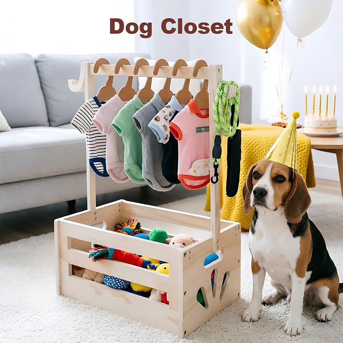 Dog Closet, Wooden Dog Clothes Closet with Hanging Rods and Leash | Pet Wardrobe Crate Box, Dog Clothing Rack, Pet Wardrobe Closet for Dog Cat Toys Clothes Organization Storage