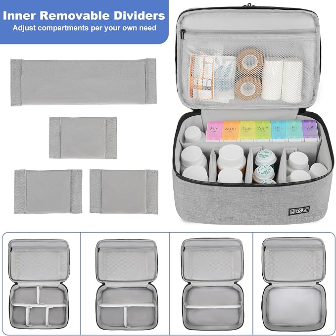 LEFOR·Z Medicine Storage Bag,Double Layers Pill Bottle Organizer Bag Empty | Medical Supplies Bag with Lockable Zipper & Adjustable Divider,Medication Travel Carrying Bag for Pills,Vitamins,Grey