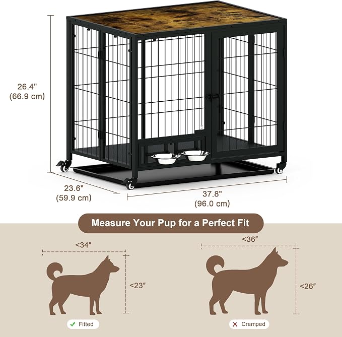 Heavy Duty Dog Crate for Medium Dogs, 3 in 1 37.8" Foldable Collapsible Dog Kennel & Playpen with Wheels & Feeding Bowls, Escape Proof Metal Dog Cage for Indoor Outdoor Use, Rustic Brown