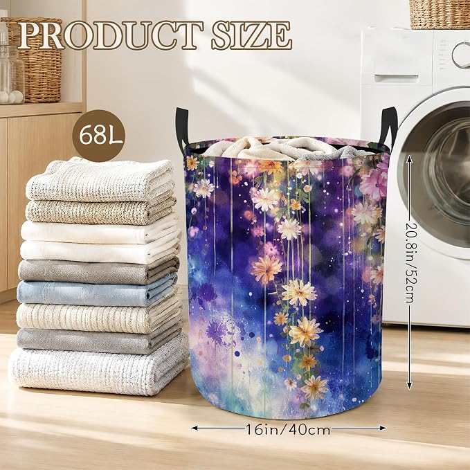 Laundry Hamper, Colorful Flowers Collapsible Blue White Laundry Baskets Waterproof Oxford Cloth With Handles, Clothes Storage Bucket For Bathroom/Bedroom 16" x 20.8"