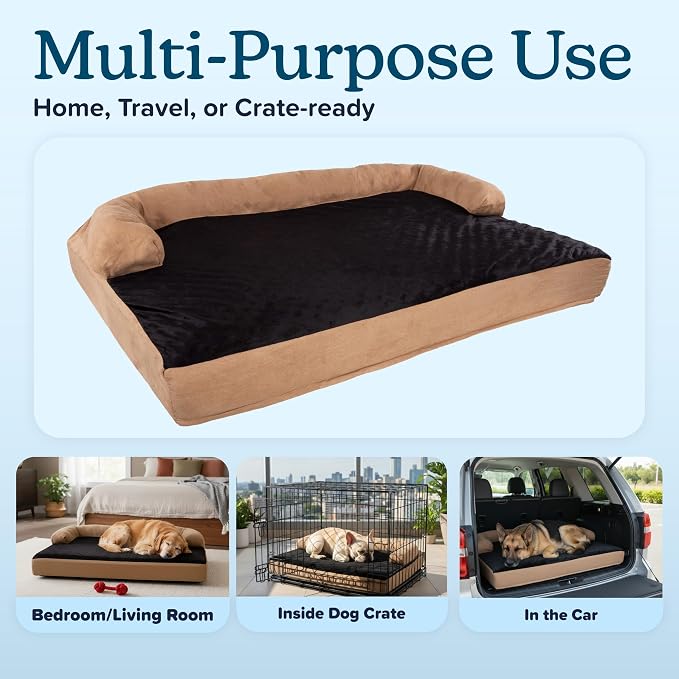 PETMAKER Extra-Large Dog Bed – 45.5 x 32 Pet Bed - 3-Layer Orthopedic Dog Sofa with Cooling Gel, Memory Foam and Neck Bolster (Tan/Black), XL