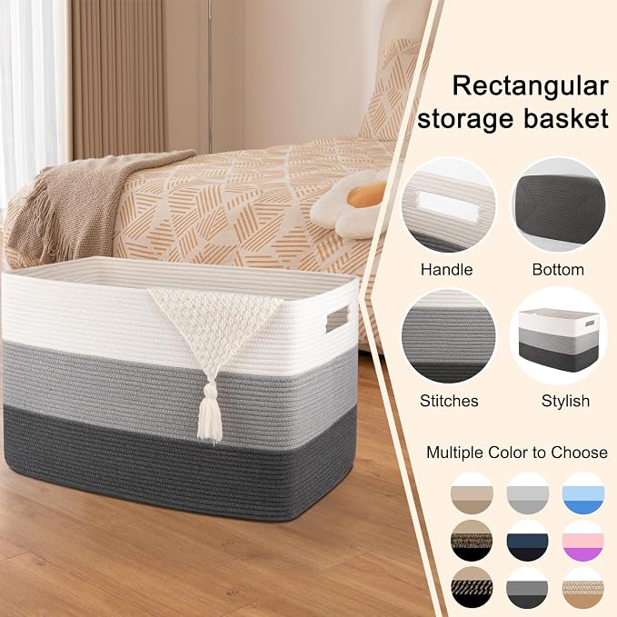 OIAHOMY 108L Extra Large Blanket Basket Dog Toy Basket radient Dark Grey | Rectangle Woven Baskets for Storage Cotton Rope Basket For Living Room Toy Storage Blanket Storage Laundry Basket