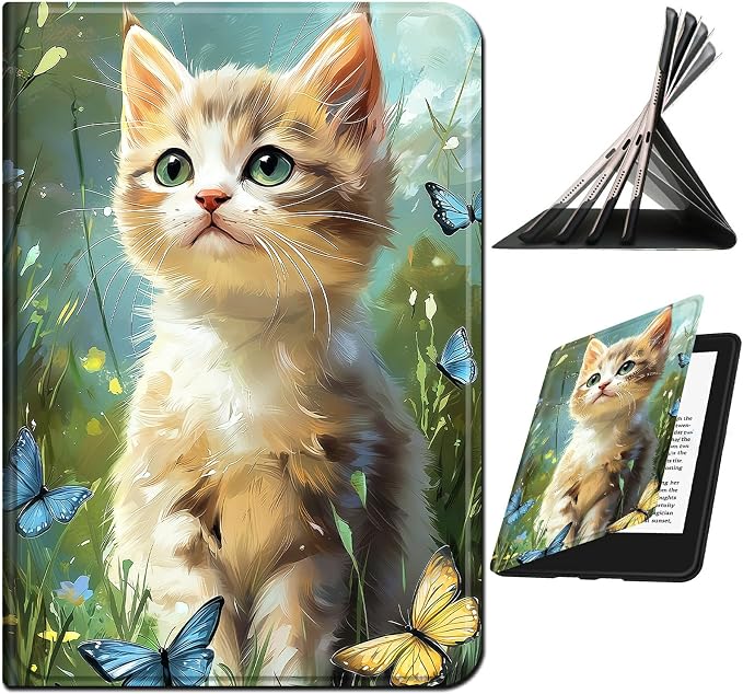 for Samsung Galaxy Tab A9 8.7 Inch 2023 (SM-X110/X115/X117) Case | Slim Leather Smart Cover with Multi-Angle Anti-Slip Stand [Auto Wake/Sleep] Shell for Women Men - Lawn Cat Butterfly