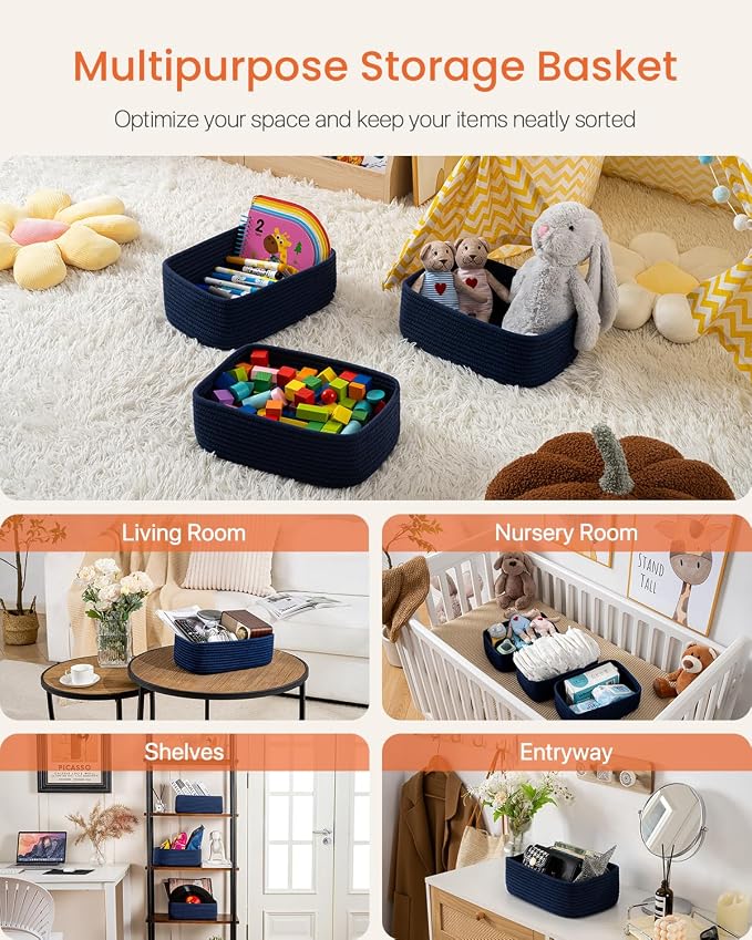 KALLAX Small Woven Storage Basket for Organizing, 12 x 8 x 4.5 inch, 3 Pack | Shelf baskets for closet organization, toy storage and home decor, Perfect as empty gift baskets for holidays, Navy Blue