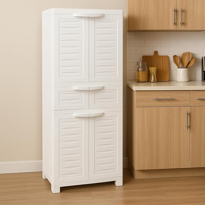 Sunnydaze 57" Garage Storage Cabinet with Doors & Shelves, Speckled White | Heavy Duty Resin Storage Cabinet Resists Rust & Peeling, Utility Cabinet with Drawer & Anti-Tip Kit for Laundry, Office