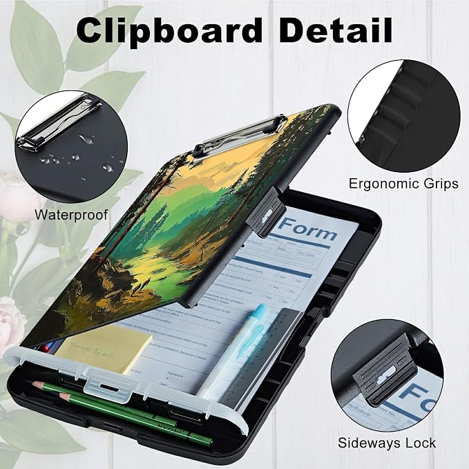 A4 Clipboard with Storage Pen Holder, Clipboards Organizer Nursing Clipboard Foldable File Folder Plastic Clipboard Folio Clip Board for Office Work Classroom Doctor, Green Forest Creek