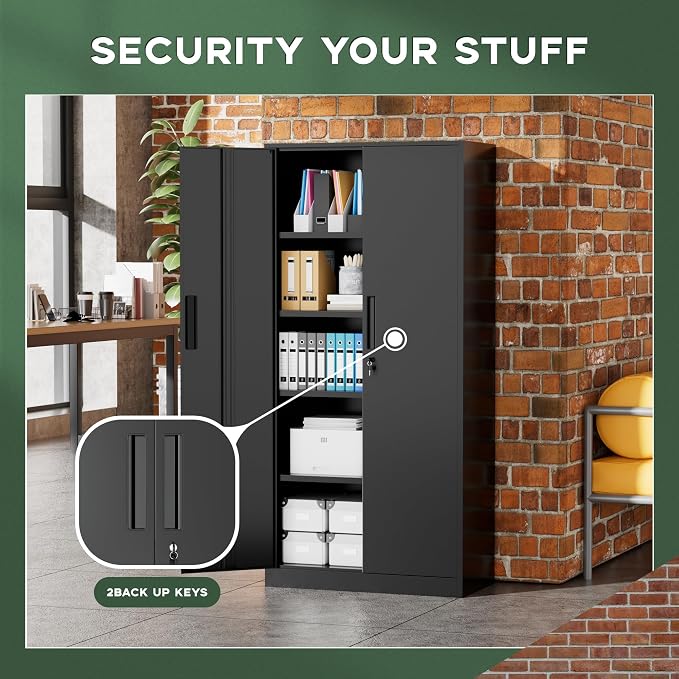 Greenvelly Metal Storage Cabinet, 72" Black Metal Locking Storage Cabinet with Doors and 4 Adjustable Shelves, Large Steel Cabinet for Home Office, Garage, Shop, School (32" W x 16" D)