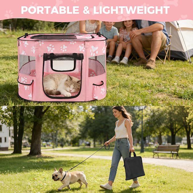 Homimp Portable Pet Playpen for Indoor Cats & Puppies, Foldable Dog Playpen Outdoor Tent Crate Cage with Pee Pad & Carry Bag, Pet Crate with Mesh Sides for Small Animals Travel, Pink S