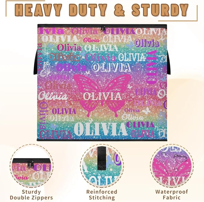 Personalized Name Large Storage Basket with Lid, Bling Bling Colorful Glittering with Butterfly Storage Bins Quilt Clothes Organizer for Bedroom, Kitchen, Bathroom, Nursery, Shelves, Closets