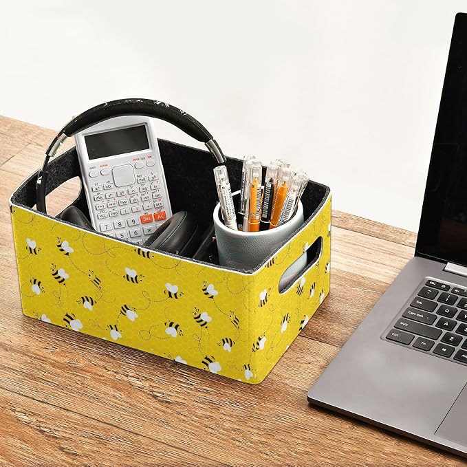 Emelivor Bees Yellow Storage Basket Bins Set (2pcs) Felt Foldable Storage Bins with Fabric Rectangle Basket for Organizing for Pet Books Clothes Closet Cabinet Organise