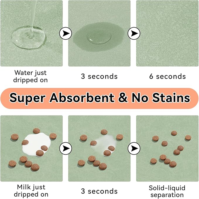 Dog Cat Feeding Mat-Absorbent Pet Bowl Mat for Food and Water, Quick Dry Water Dispenser Mat for Floors with Waterproof Rubber Backing, Puppy Cat Placemat Mats for Messy Drinkers,16"x24",Sage Green
