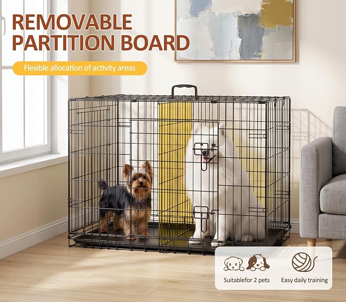 42-Inch Crate for Large Breeds, Double Door Folding Dog Crate, Secure Latch | Durable Metal Wire Cage with Plastic Leak-Proof Pan Tray, Handle, Folding Metal Wire Pet Kennel for Indoor, Outdoor, Travel
