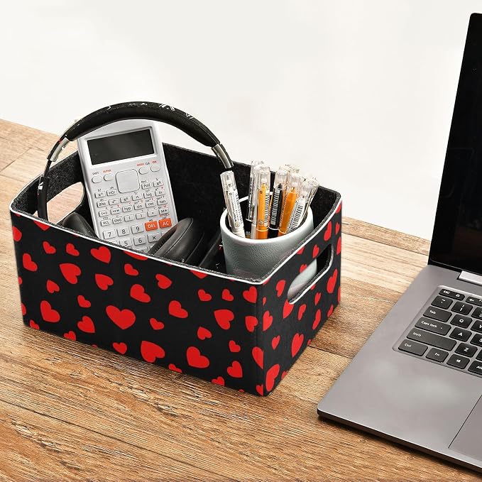 Emelivor Valentines Hearts Black Storage Basket Bins Set (2pcs) Felt Foldable Storage Bins with Dual Handles Dog Basket for Office Bedroom Closet Babies Nursery DVD Laundry