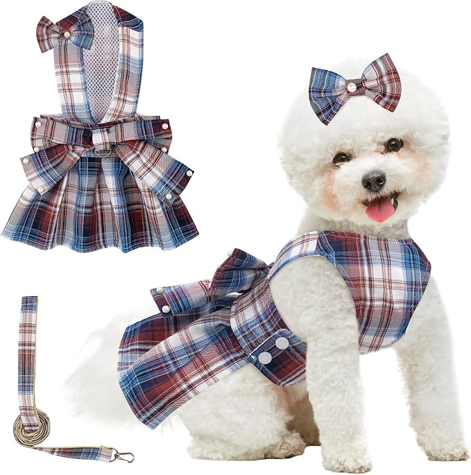 Coppthinktu Plaid Dog Dresses for Small Dogs Girl Bowknot Harness Leash Set
