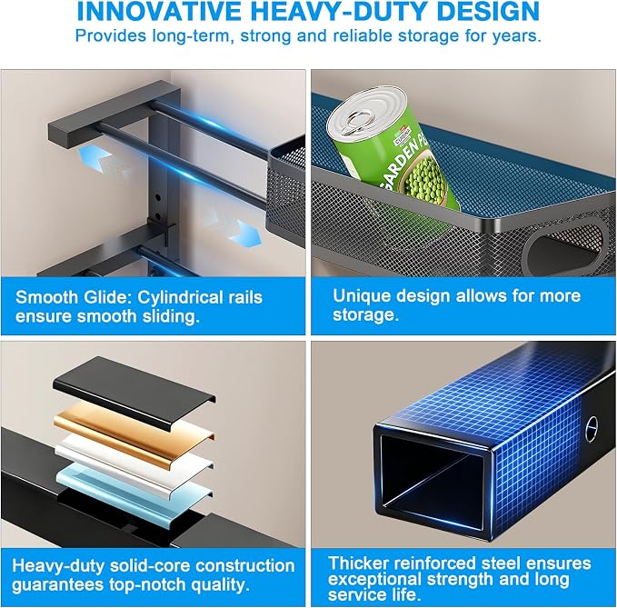 Under Sink Organizer,3-Tier Thickened Metal Pull out Cabinet OrganizerShelf | Height Adjustable Slide out Storage Drawer Rack for under sink organizer bathroom Kitchen,Laundry Room & Pantry