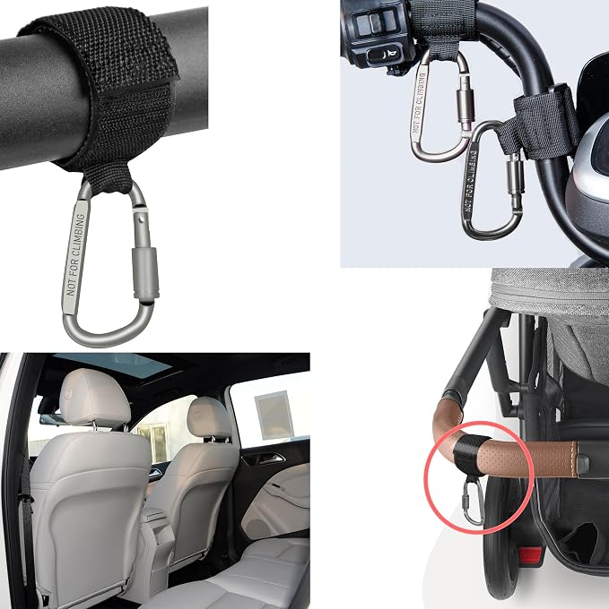Baby Stroller Hook, Carry 30 lbs per Stroller Carabiner Clip, Adjustable Baby Stroller & Car Seat Hook for Hanging Diaper Bag, Wheelchair,Golf cart, Shopping and Pet Cart(2 Pcs Red)
