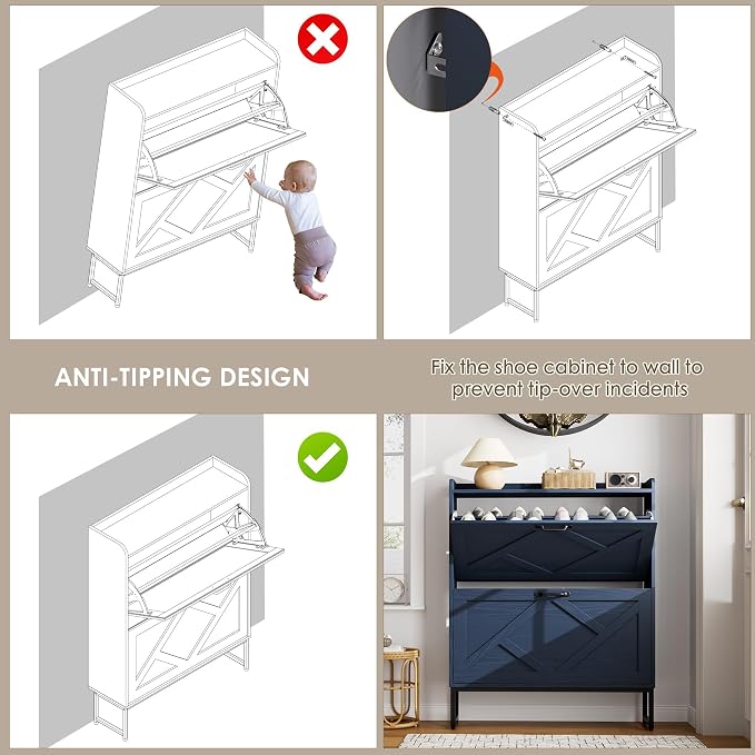 Shoe Storage Cabinet, Shoe Cabinet with 2 Flip Drawers, Narrow Shoe Rack Cabinet, Farmhouse Slim Shoe Cabinet Storage for Entryway,Blue