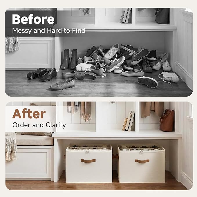 StorageWorks 16-Pair Shoe Organizer for Closet, Adjustable Dividers, Beige | Holds up to 16 Pairs, Foldable, Clear Lid, Reinforced Handles, Fits Sneakers, Boots & Heels, For Closet, Entryway & Bedroom