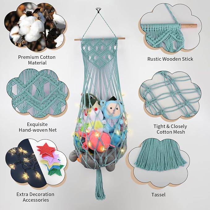 63 Inch Stuffed Animal Storage Hammock Corner, Stuffy Plushie Net,Turquoise | Wall Ceiling Over Door Hanging Hammock for Stuffed Animals,Boho Macrame Stuffy Storage Holder w/Star Light,Nursery Room Decor