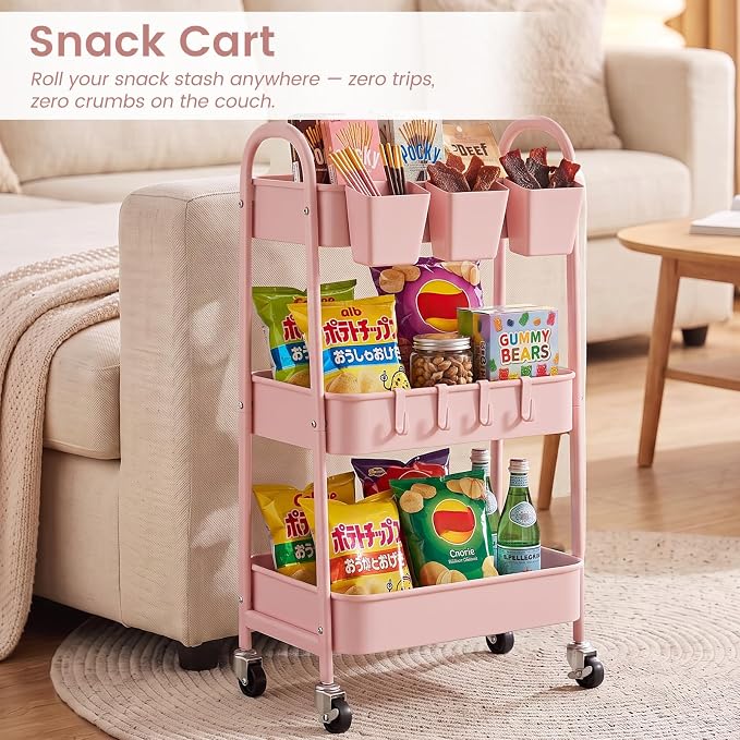 danpinera 3-Tier Rolling Cart, Utility Cart Mobile Metal Rolling Storage Cart with Lockable Wheels & Hanging Cups & Hooks for Kitchen, Bathroom, Office, Workshop, Pink