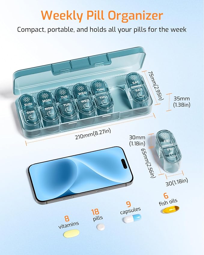 Daviky Pill Organizer 2 Times a Day, AM PM Pill Organizer Box Weekly 7 Day | Portable Travel Pill Organizer, Cute & Compact, Easy-Open Large Compartments, Reusable for Pills, Vitamins & Supplements