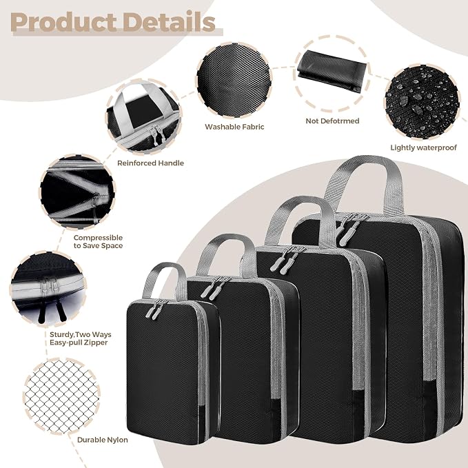 LANSKLBD 6/8 Set Packing Cubes for Suitcases Travel Luggage Packing Organizers,Travel Accessories Essentials Luggage Organizer with Shoe/Tioletry/Laundry Bag (Black-1, 4 set)