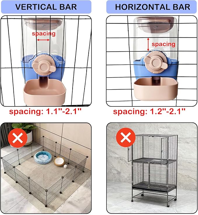 35oz Rabbit Water Bottle, Pet Hanging Automatic Water Dispenser for Small Animal Ferret Guinea Pig Chinchilla Dog Cat (Cage Grid Spacing 1.2''-2.1'') (Blue-Pink)
