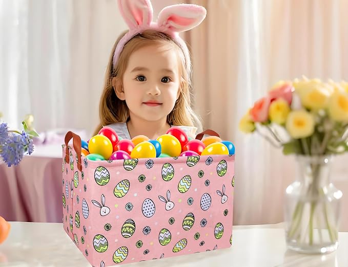 Large Rectangular Easter Baskets Empty Waterproof Boy Toy Box Foldable Kid's Gifts Storage Bin Spring Room Decor(Pink Black Line Egg)