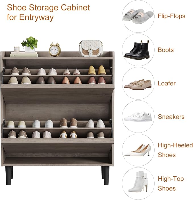 GarveeHome Shoe Cabinet with 2 Flip Drawers, Wooden Shoe Organizer Cabinet with Adjustable Shelf, Shoe Storage for Entryway, Hidden Shoe Cabinet for Hallway, Living Room, Grey