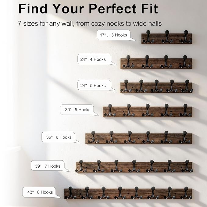 SKOLOO 24-Inch Wood Burnt Coat Rack Wall Mount with 5 Triple Hooks - Ideal for Family Entrances, Classrooms, and Pet Supplies Storage - Perfect Coat Hooks for Wall
