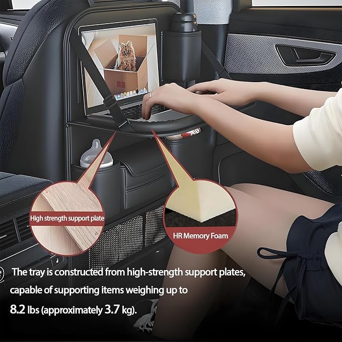 Universal Foldable Car Backseat Organizer with Table Tray, Car Seat Back Protector with Touch Screen Phone Holder, Premium Leather Kick Mats with Storage Pockets Tissue Box (Black)