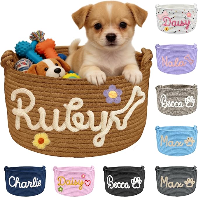 Personalized Dog Cat Toy Storage Basket Bin with Name Custom Puppy Cotton Rope Organizer Box for Toys Pet Supplies Puppy Birthday Gifts Basket