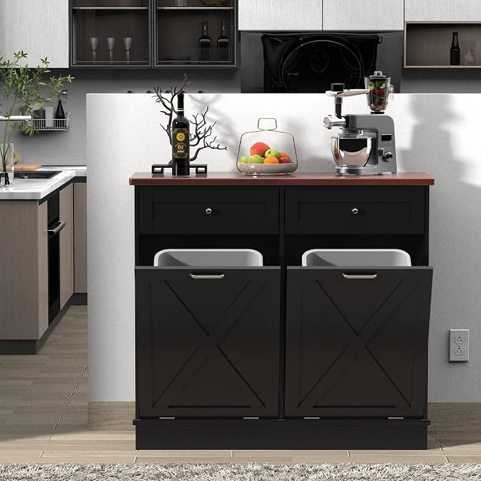TOLEAD Double Tilt Out Trash Can Cabinet 2 x 10 Gallon Wooden Hidden Trash Cabinet with Barn Door & Solid Wood Top, Farmhouse Kitchen Garbage Bin Enclosure, Pet Proof Odor Blocking for Kitchen, Black