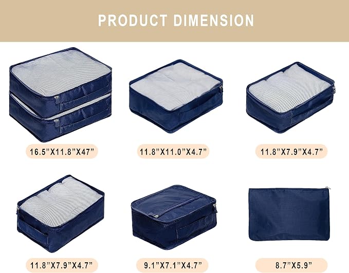Vercord 7 Set Travel Packing Organizers Cubes Luggage Suitcase Organizer Bags Clothes Underwear Cube Shoe Pouch Pack Dark Blue