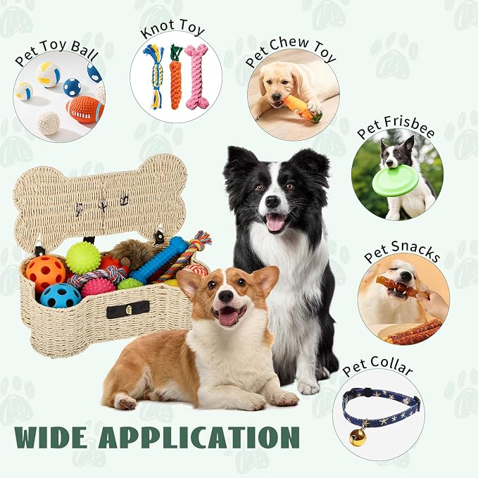 Bone Shaped Storage Basket Large Dog Toy Basket with Lid and Handles Dog Toy Bin Wicker Woven Bone Pet Organizer for Storing Frisbee Blankets Treats Pet Supplies