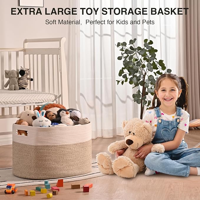 ICERZCZ Extra Large Blanket Basket for Living Room, Rectangle Woven Cotton Rope Storage for Blankets, Toys, Clothes, Shoes, 25”x16”x16”, Off White & Brown, 108L