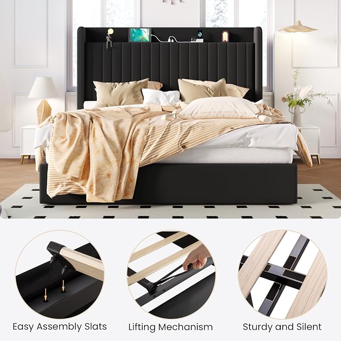 SHA CERLIN Queen Size Lift Up Storage Bed Frame, Charging Station, Black | Storage Headboard with Charging Station, USB, Type-C Port Velvet Hydraulic Storage Bed No Box Spring Needed Noise Free