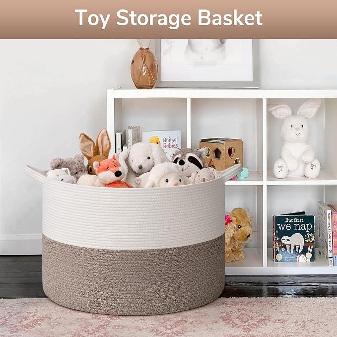 Goodpick Extra Large Woven Blanket Basket Living Room & Playroom, 115L | 23.5 x 23.5 x 15.8 In Storage Basket for Toys Shoes, Cute Baby Laundry Hamper for Towels, Clothes, Mele