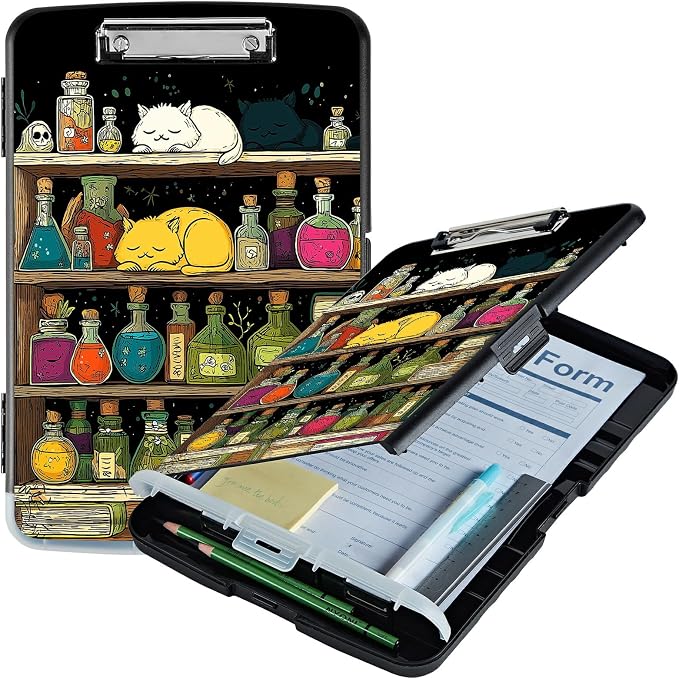 A4 Clipboard with Storage Pen Holder, Clipboards Organizer Nursing Clipboard Foldable File Folder Plastic Clipboard Folio Clip Board for Office Work Classroom Doctor, Vase Books Cat